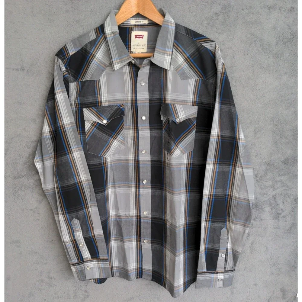 NWT Levi's Western Pearl Snap Shirt Mens L Plaid Standard Fit Long Sleeve